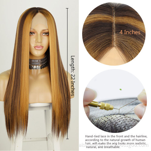 Aisi Hair straight blonde mix brown cheap wholsale premium soft fiber synthetic hair wigs with highlights lace front